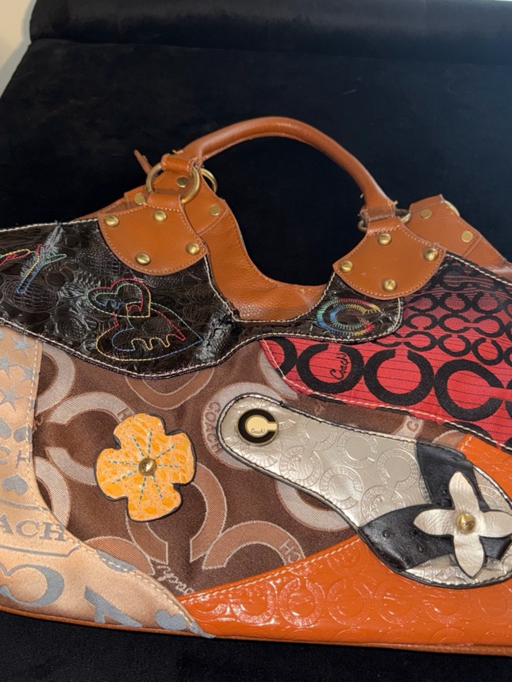 Coach Patchwork Shoulder Bag in Brown & Tan with Red Accents